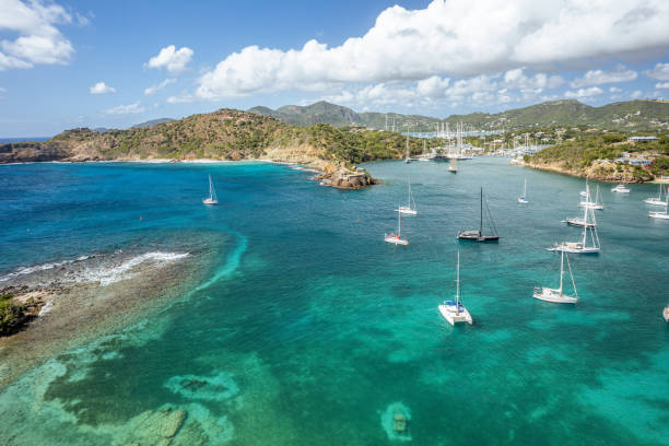 Antigua English Harbour sailboats turquoise Caribbean waters aerial view
