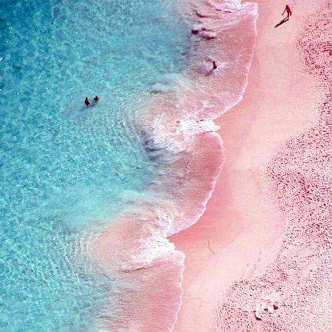 Pink sand beach Bahamas turquoise water aerial view