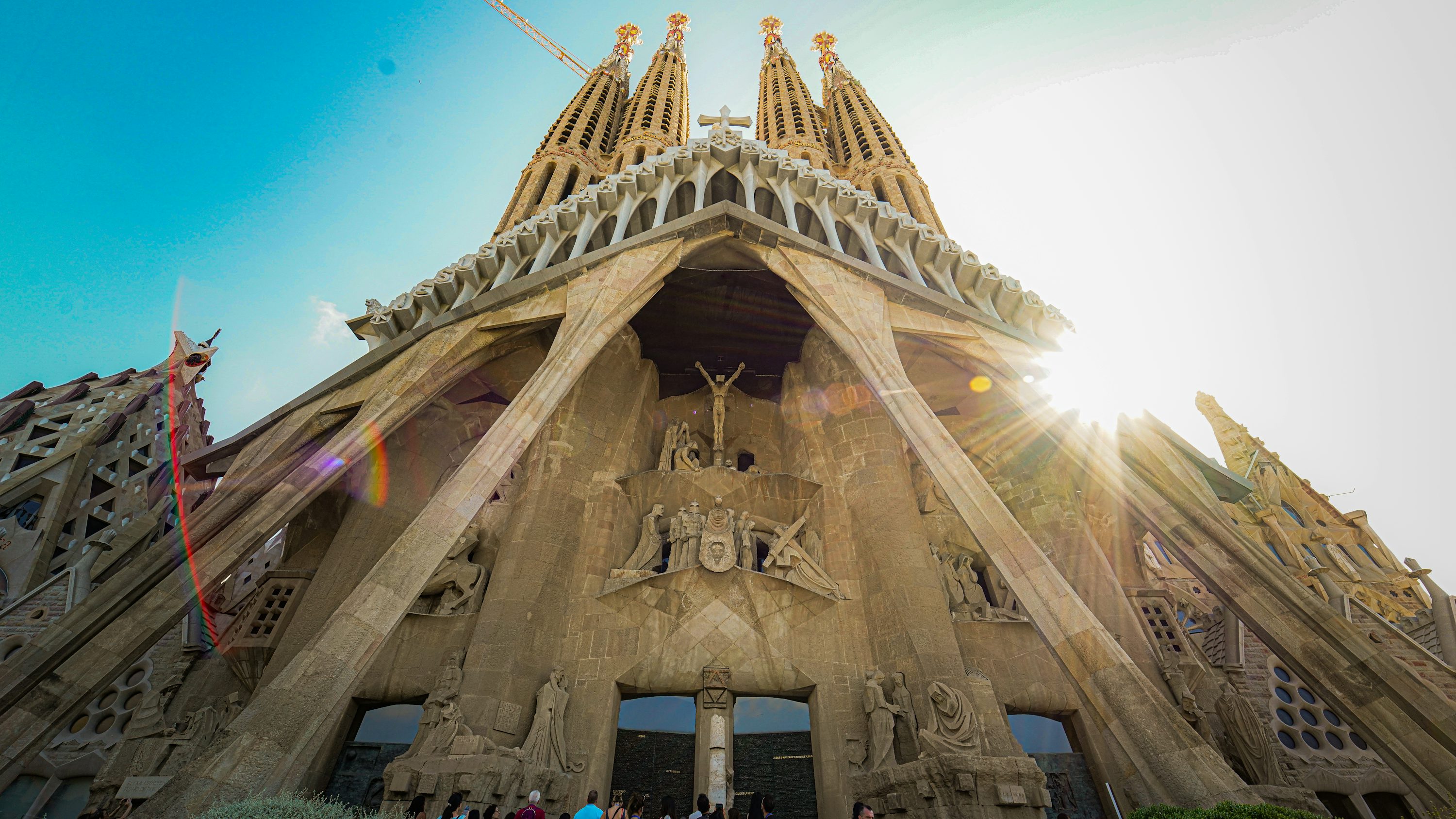 Sagrada Familia Barcelona Spain passion facade and spires at sunset