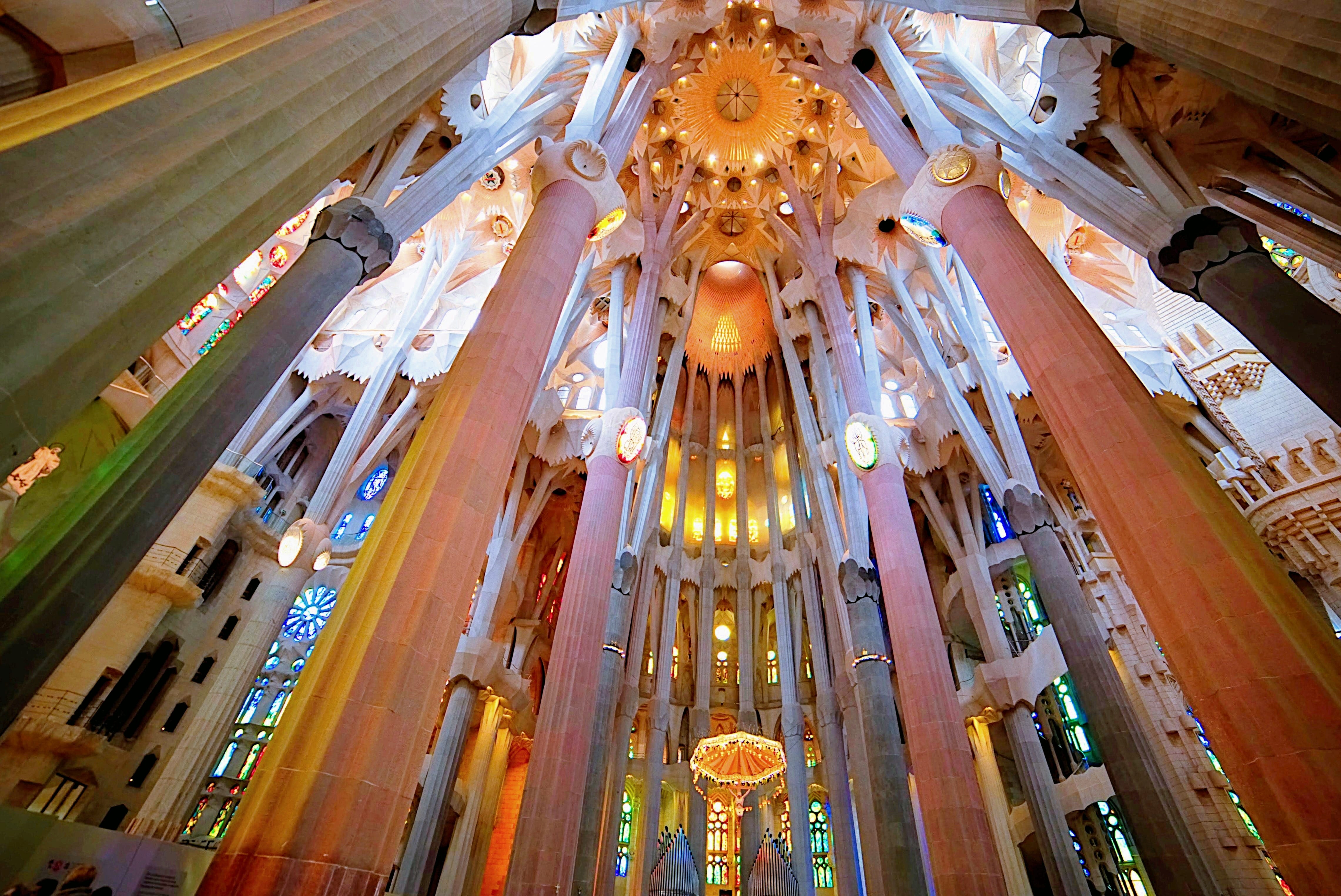 Sagrada Familia Barcelona Spain interior stained glass ceiling light columns