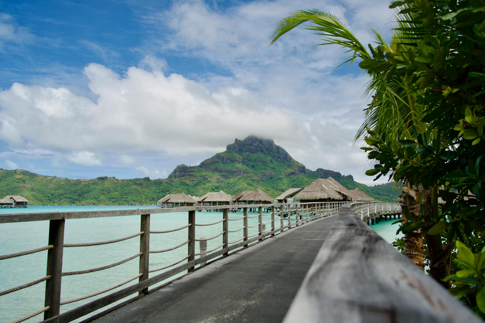 Bora Bora French Polynesia overwater bungalows boardwalk pier Mount Otemanu lagoon