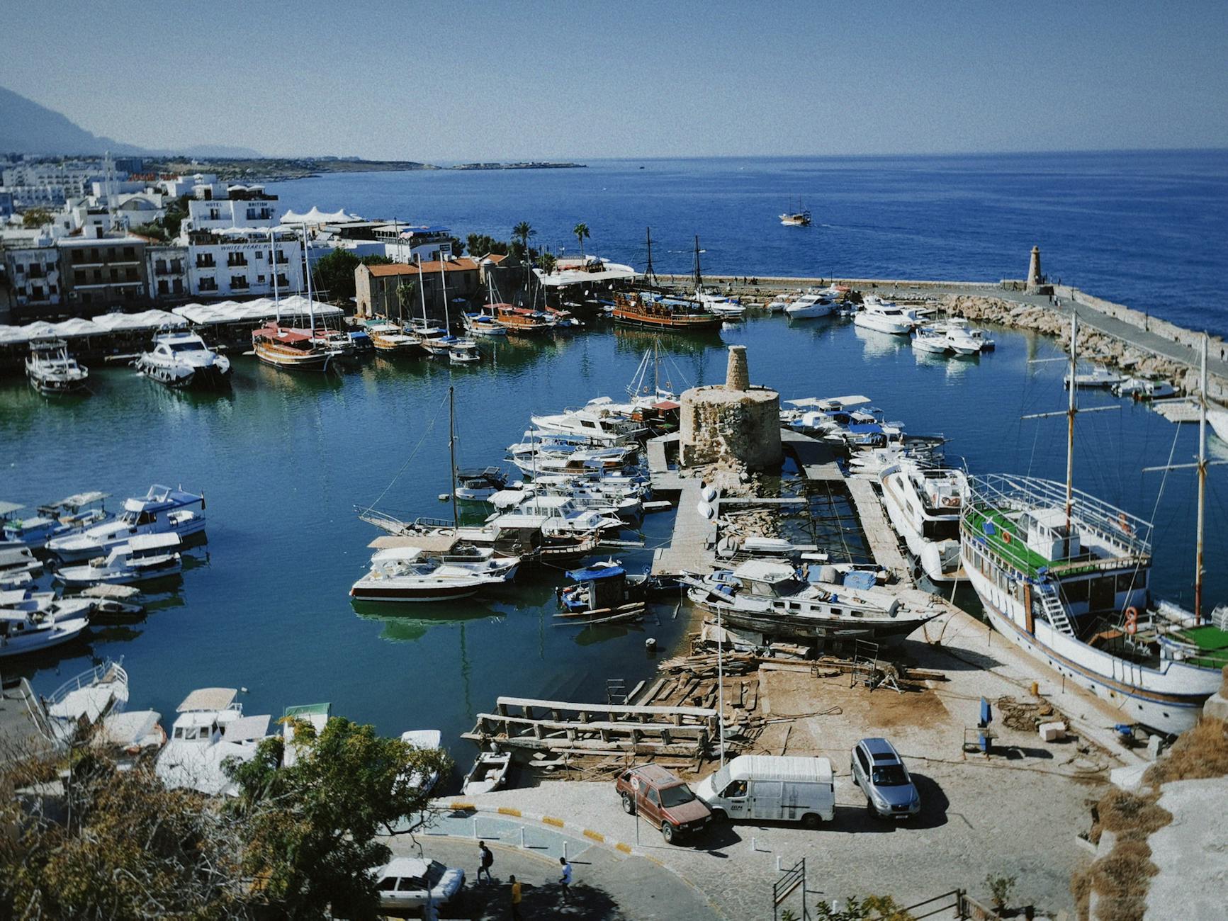 Kyrenia Cyprus harbour castle medieval fortification Mediterranean aerial view