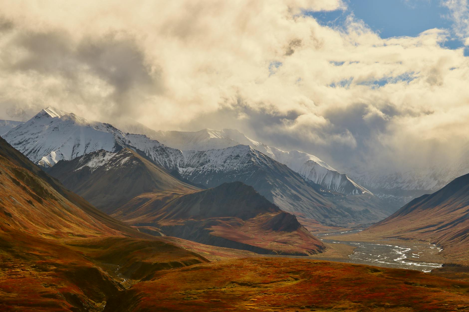 Denali National Park Alaska autumn tundra valley winding river mountains