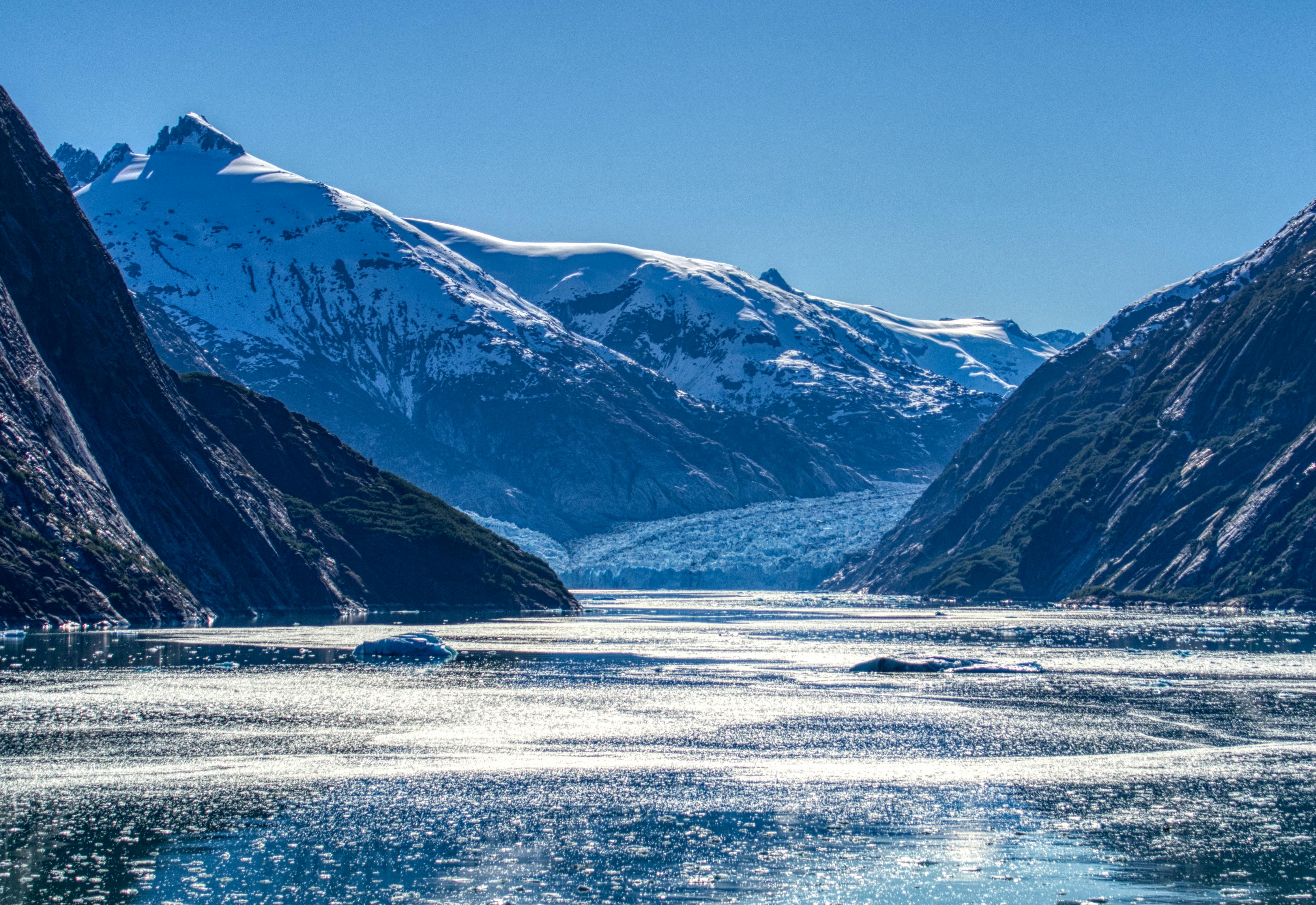 Tracy Arm Fjord Alaska glacier blue water icebergs snowcapped mountains