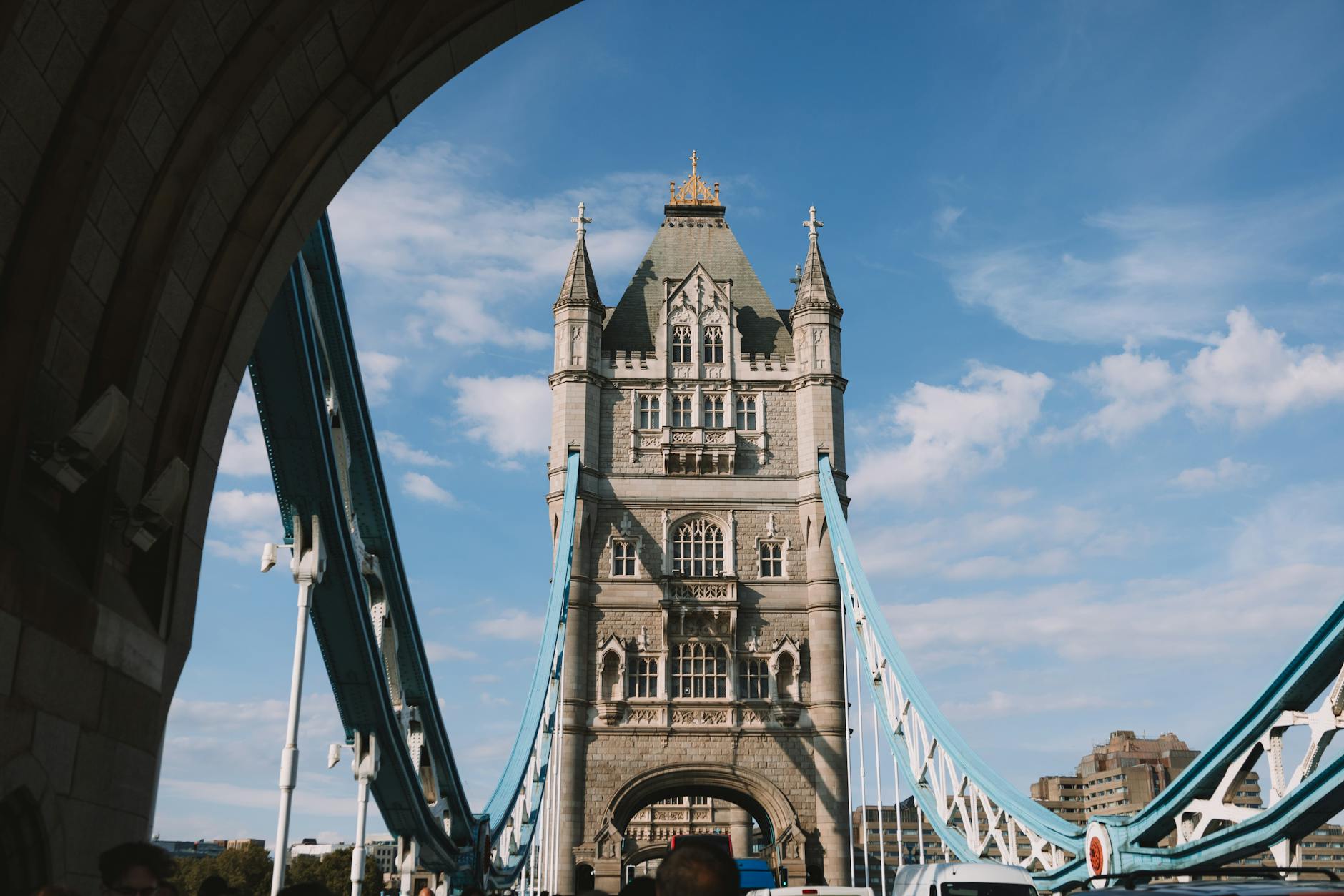 Tower Bridge London England gothic tower blue suspension cables Thames River