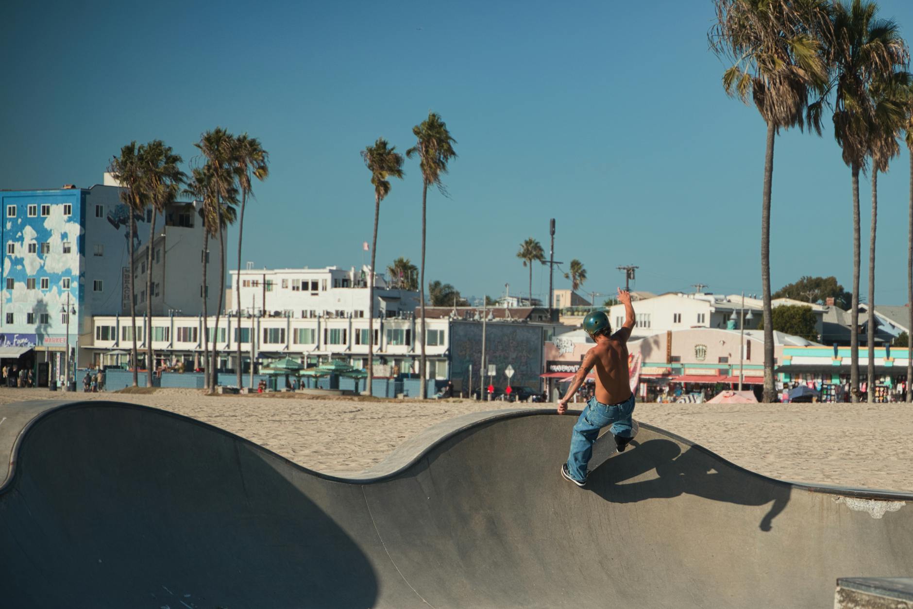 Venice Beach skate park Los Angeles skateboarder palm trees