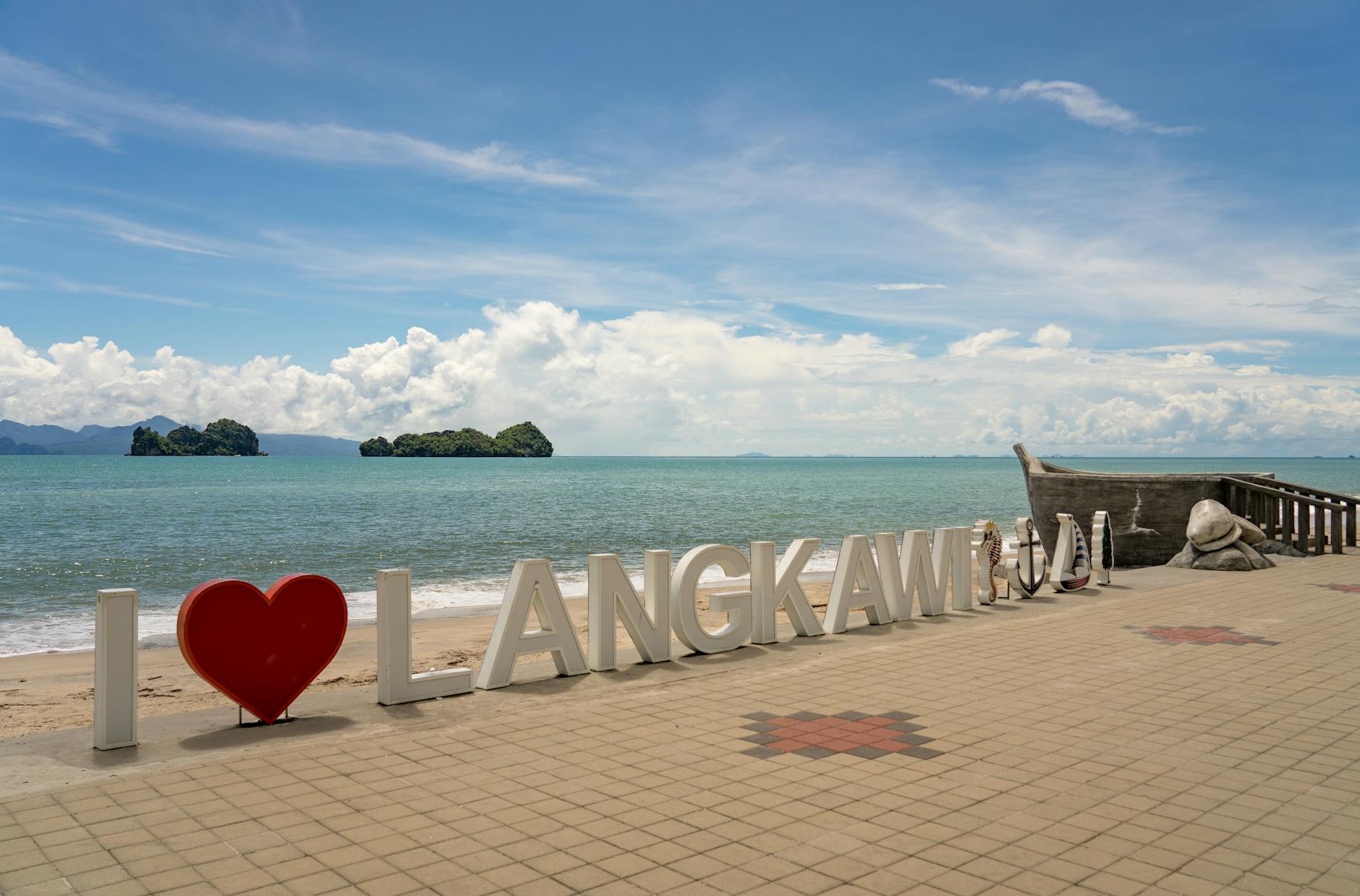 Langkawi Malaysia I Love Langkawi sign beach promenade turquoise sea islands