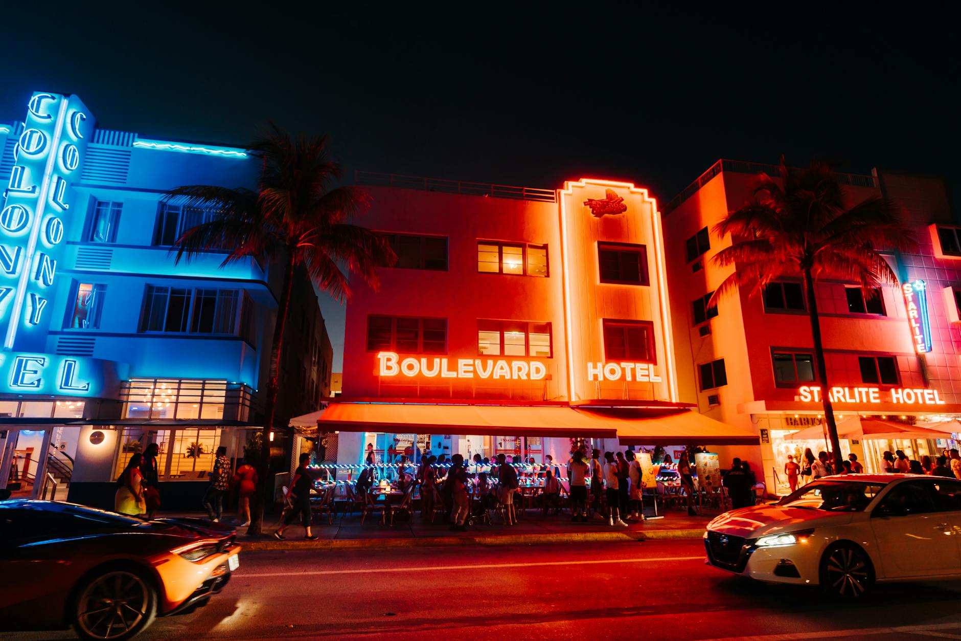 Miami Beach Ocean Drive Art Deco hotels neon lights night Colony Boulevard Hotel