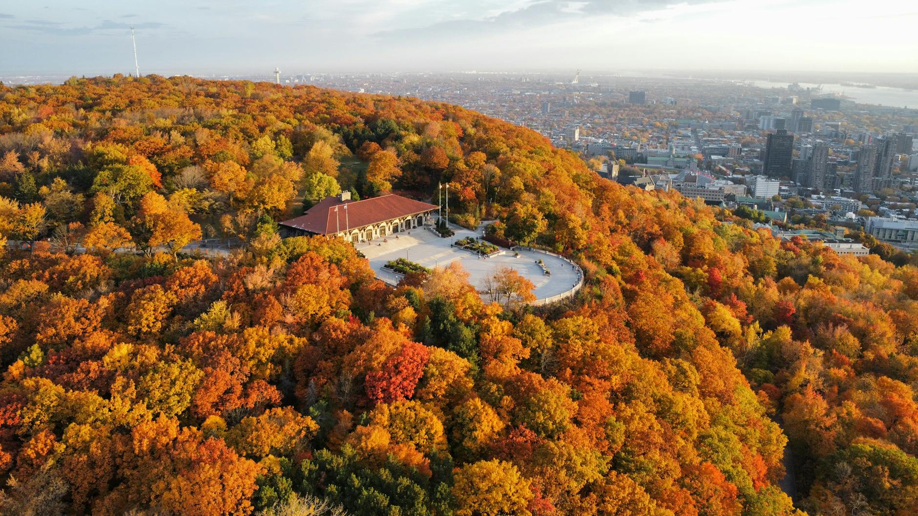 Montreal Canada Mount Royal Park autumn foliage aerial chalet city skyline
