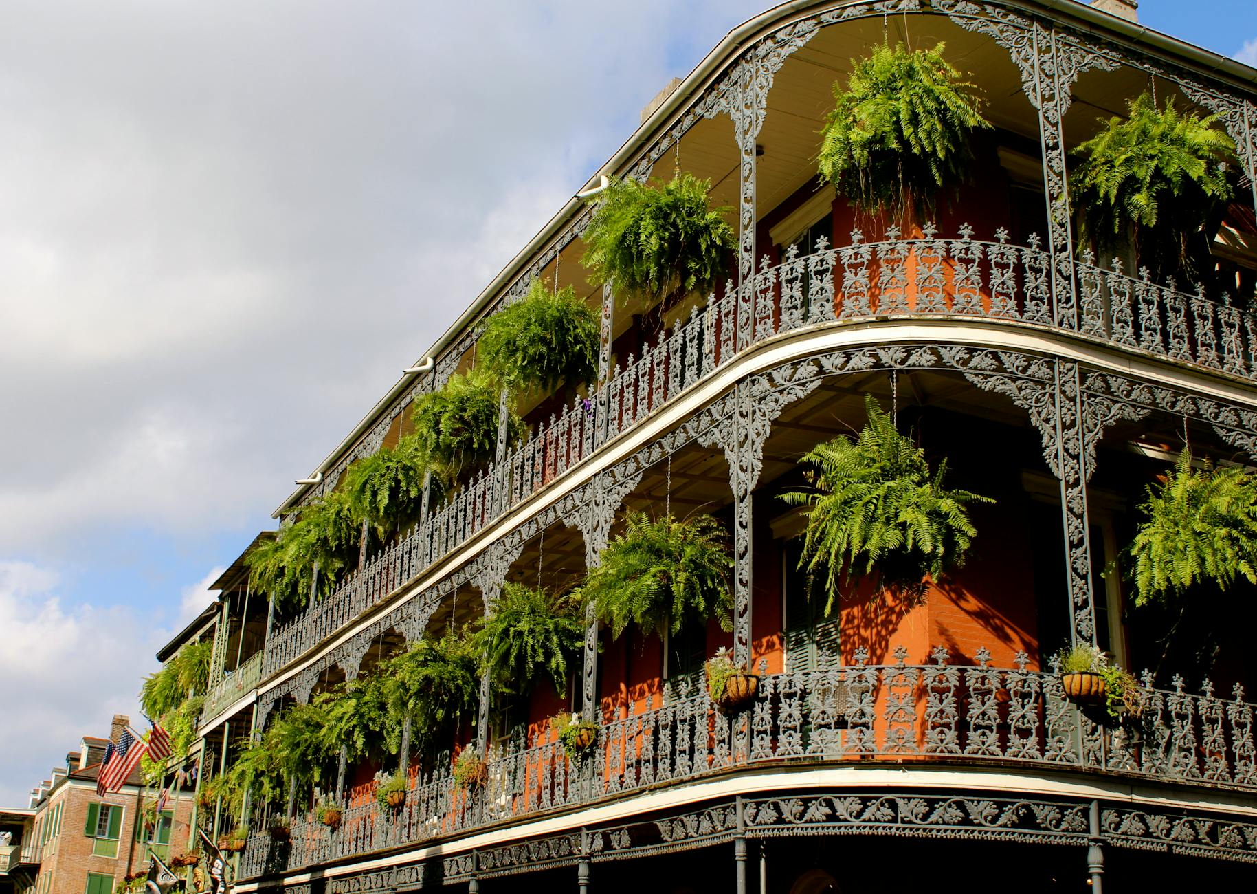 New Orleans French Quarter Creole architecture iron lace balconies ferns