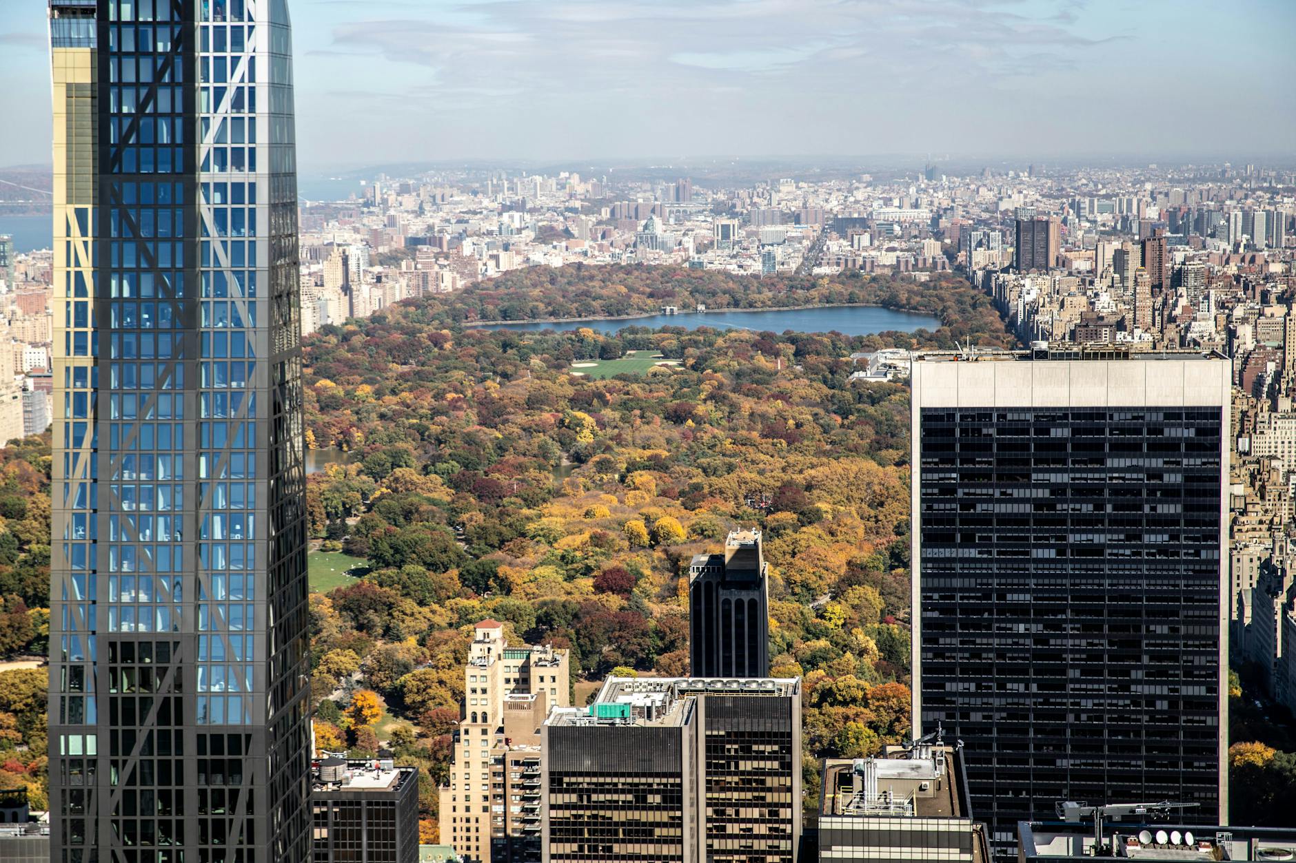Central Park New York City USA autumn foliage aerial reservoir skyscrapers