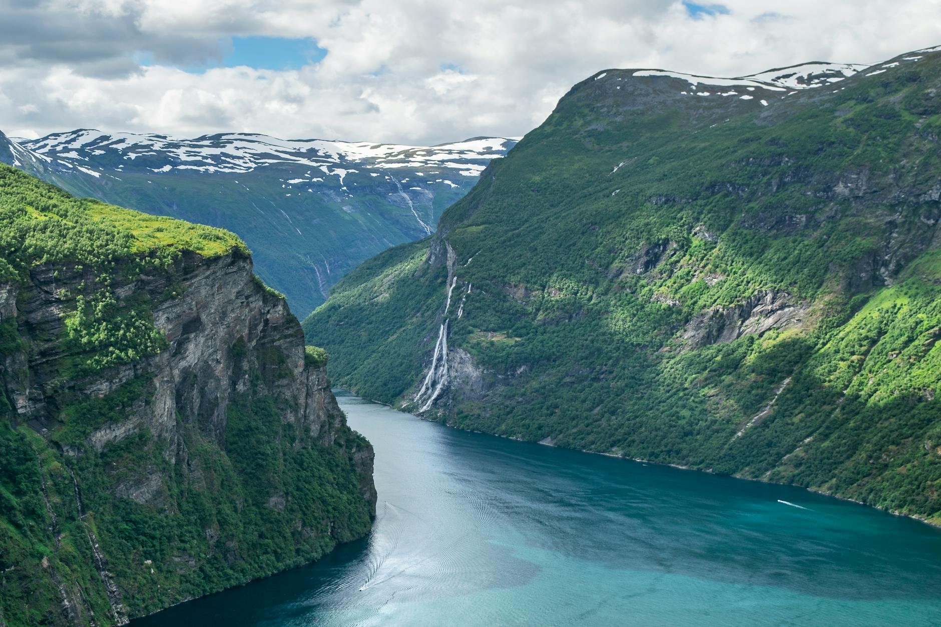 Geirangerfjord Norway UNESCO World Heritage Seven Sisters waterfall fjord aerial