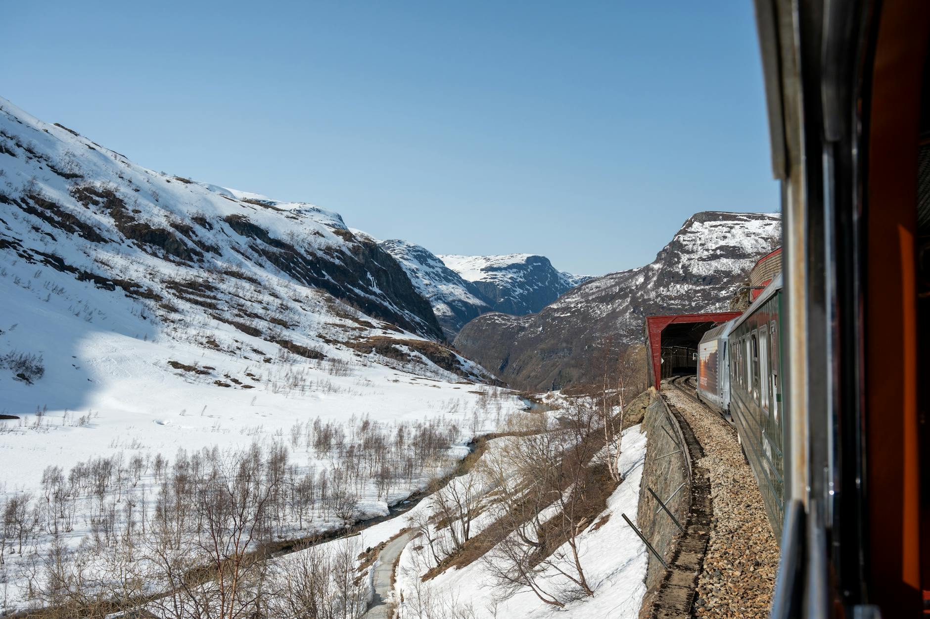 Flam Railway Norway scenic mountain train winter snow valley