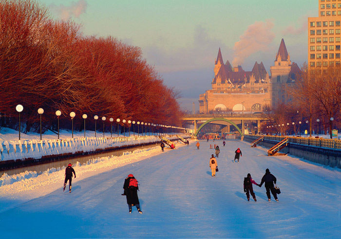 Rideau Canal Ottawa Canada winter skating with Fairmont Chateau Laurier hotel