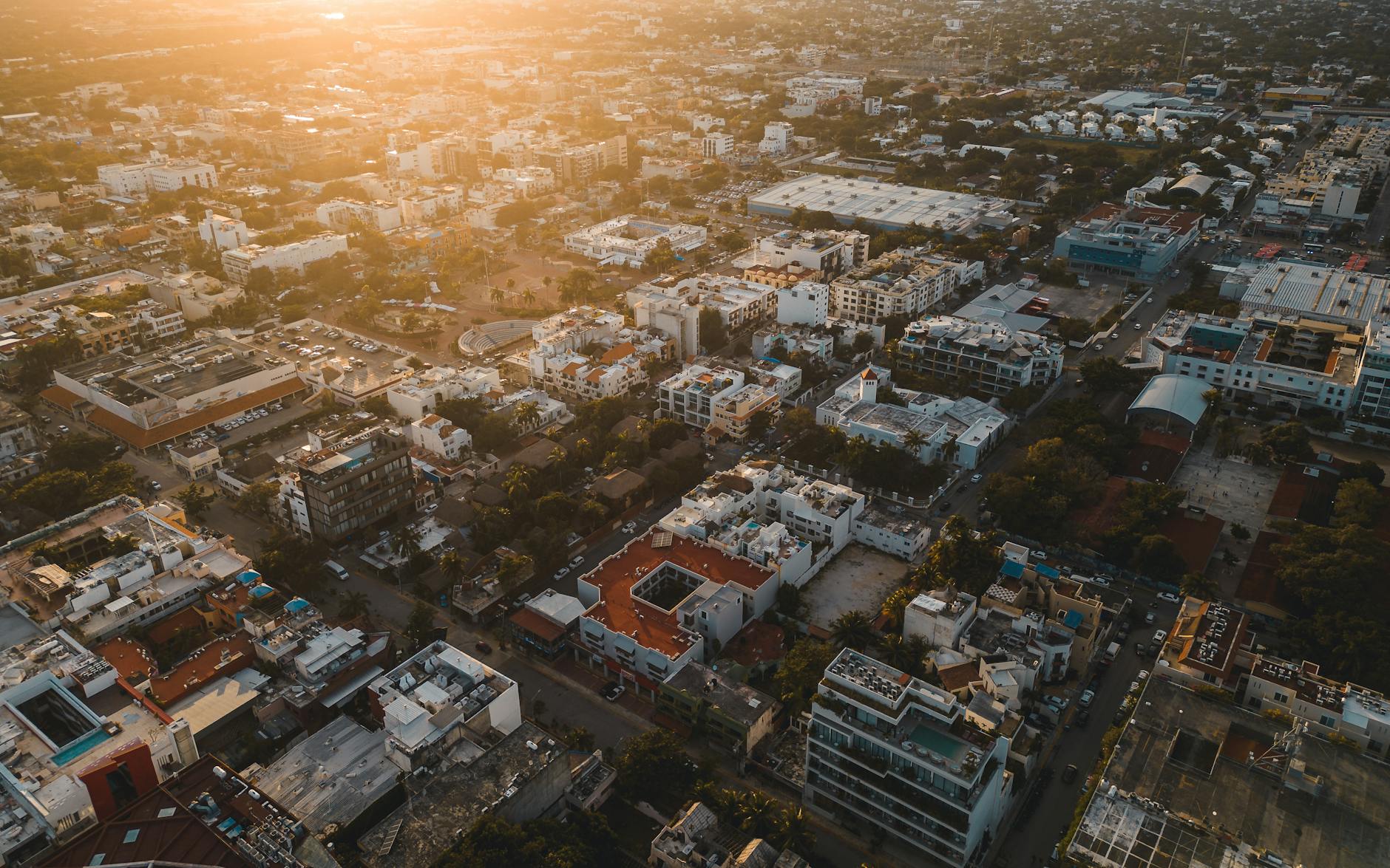Playa del Carmen Mexico aerial view city at golden hour sunset
