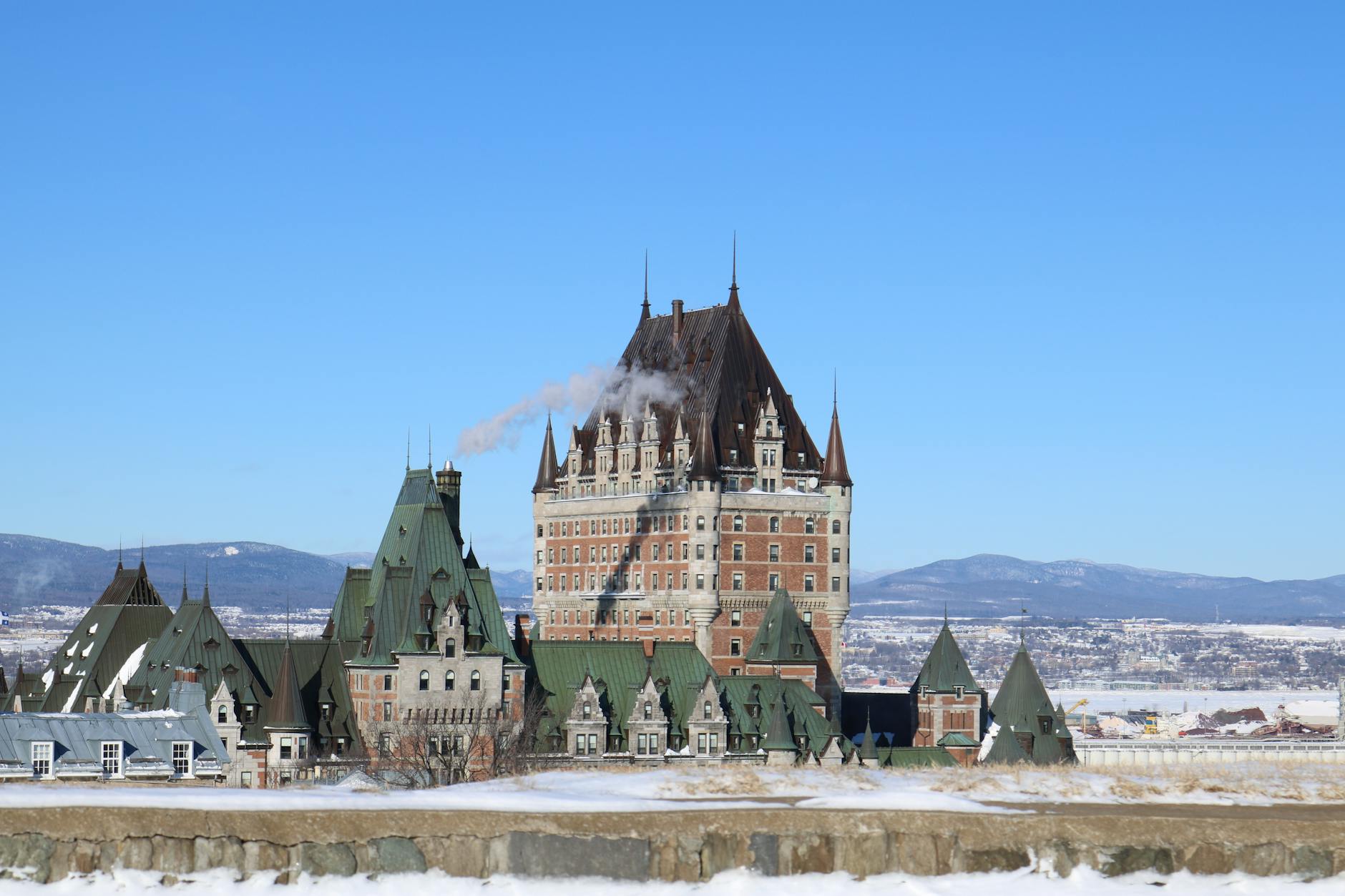 Chateau Frontenac Quebec City Canada winter snow castle hotel blue sky