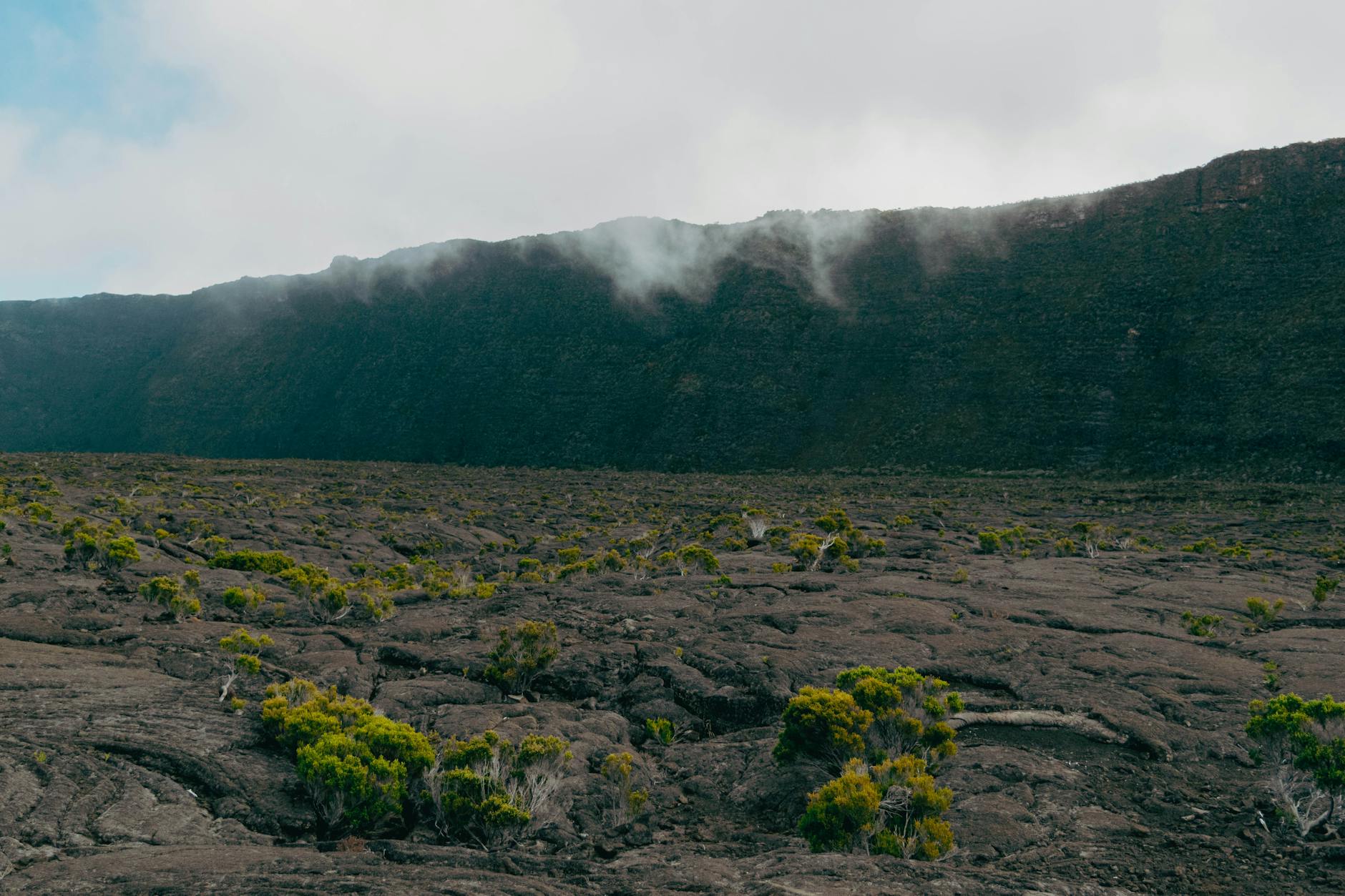 Piton de la Fournaise Reunion Island active volcano lava field aerial
