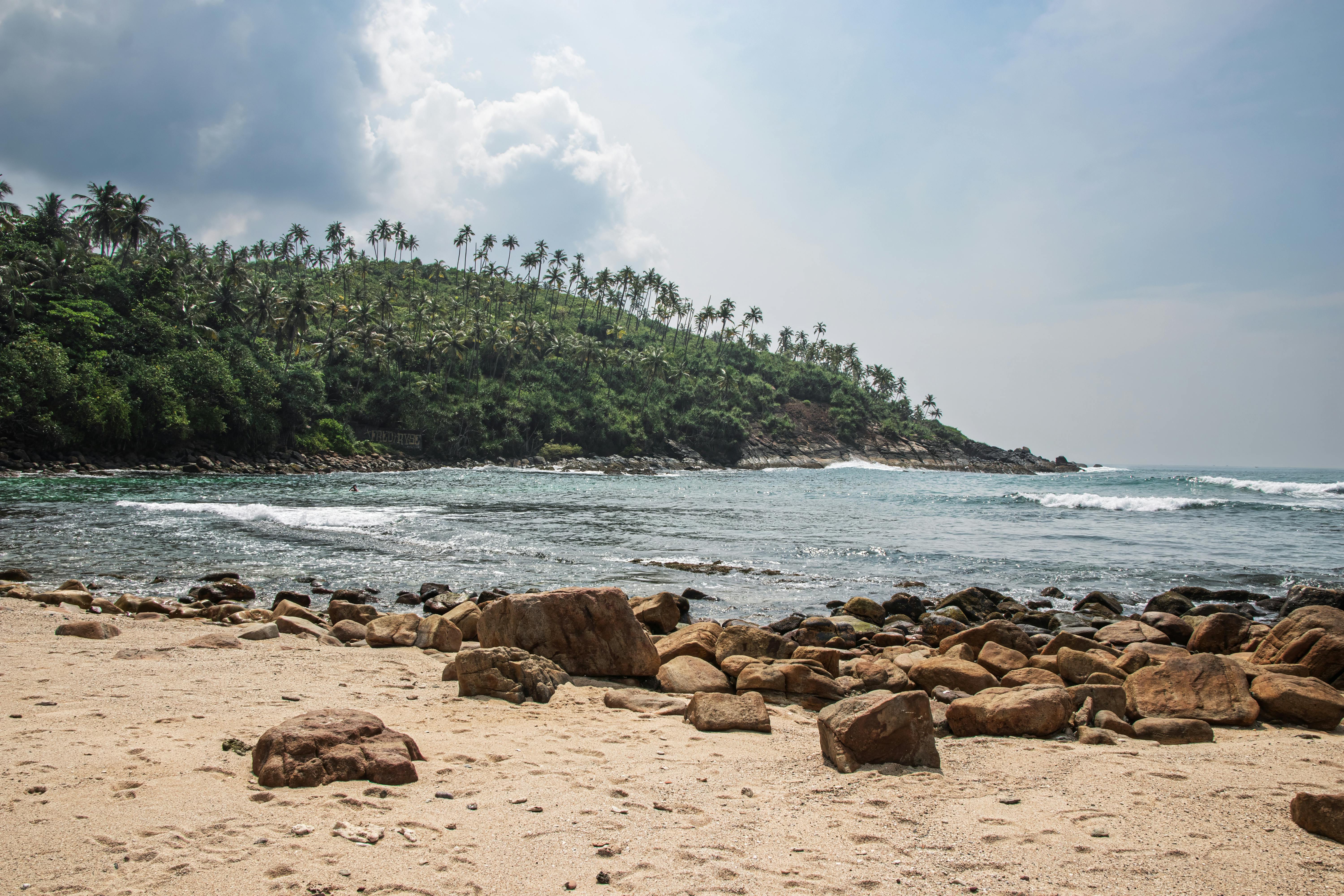 Mirissa beach Sri Lanka secluded cove palm trees Indian Ocean