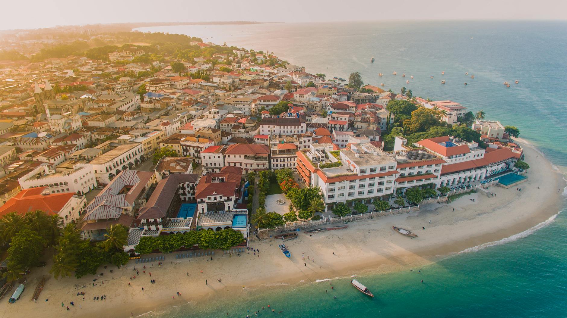 Stone Town Zanzibar Tanzania UNESCO World Heritage historic waterfront aerial